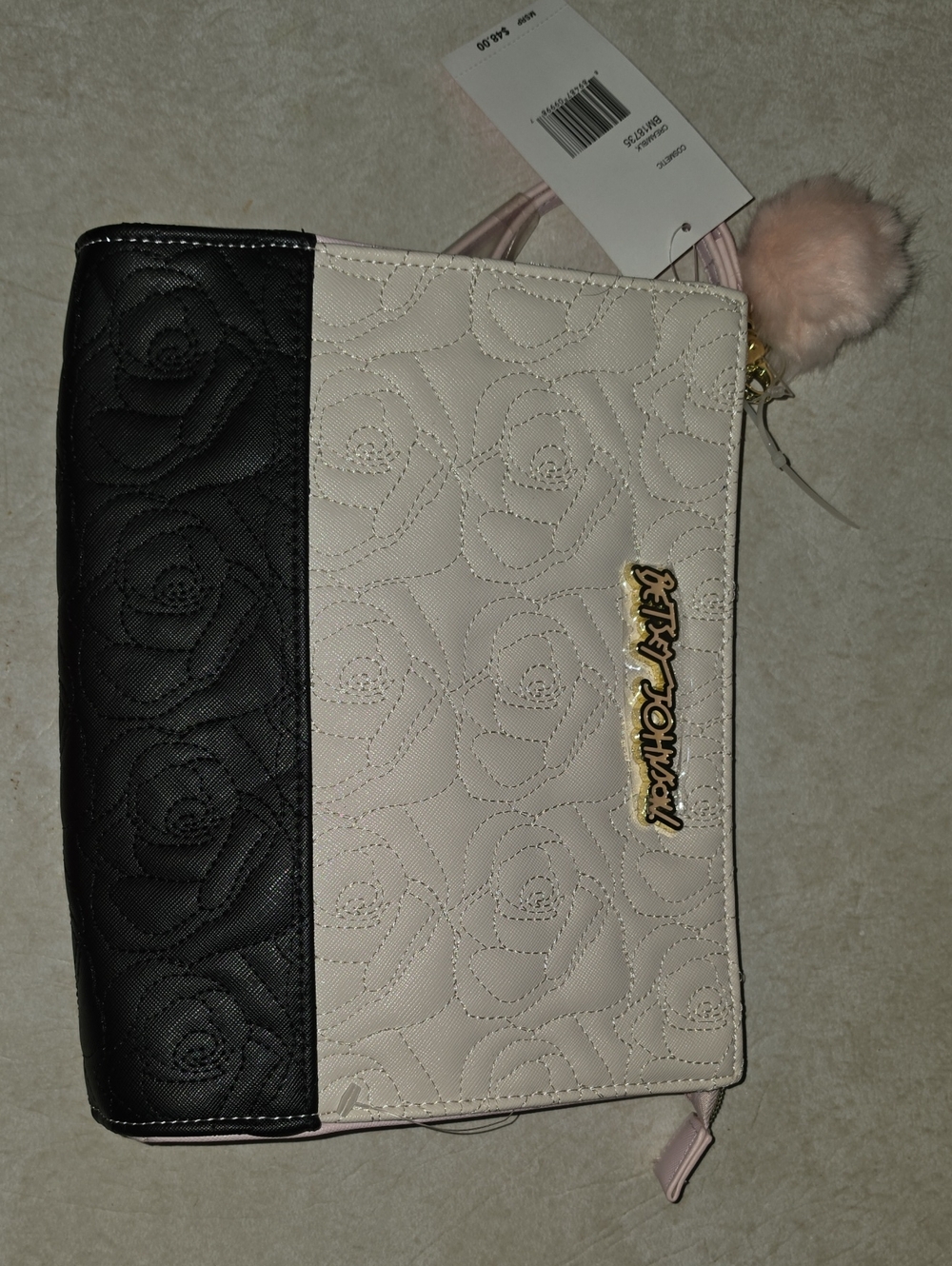Betsey Johnson Black & Cream Quilted Rose-Embossed Crossbody with Pink Pom